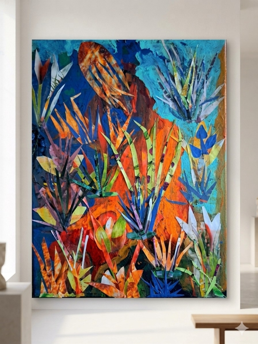 Vibrant original 12x14 mixed media collage artwork on canvas. This piece feature
